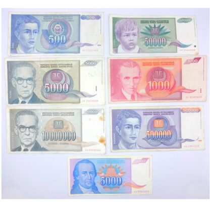 Lote de 7 billetes de Yugoslavia